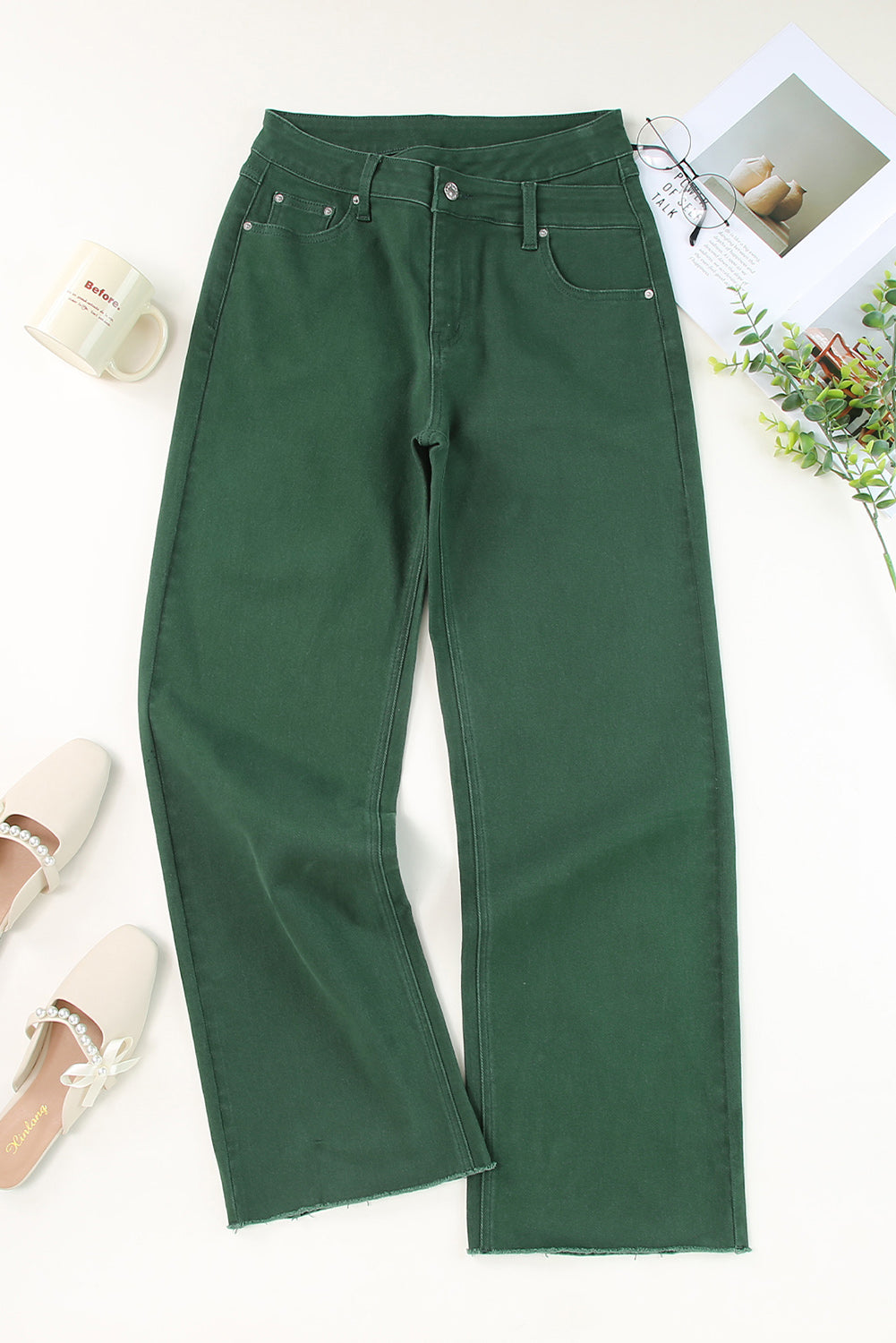 Dark Green Crossed Waist Raw Hem Denim Jeans for Women