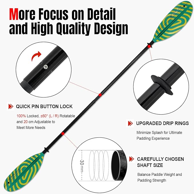 Kayak Paddles with Fiberglass Shaft and Reinforced PP Blade, Floating Adjustable Kayaking Oars, 3 Piece, 220-240 cm/86-94 Inches, 240-260 cm/94-102 Inches