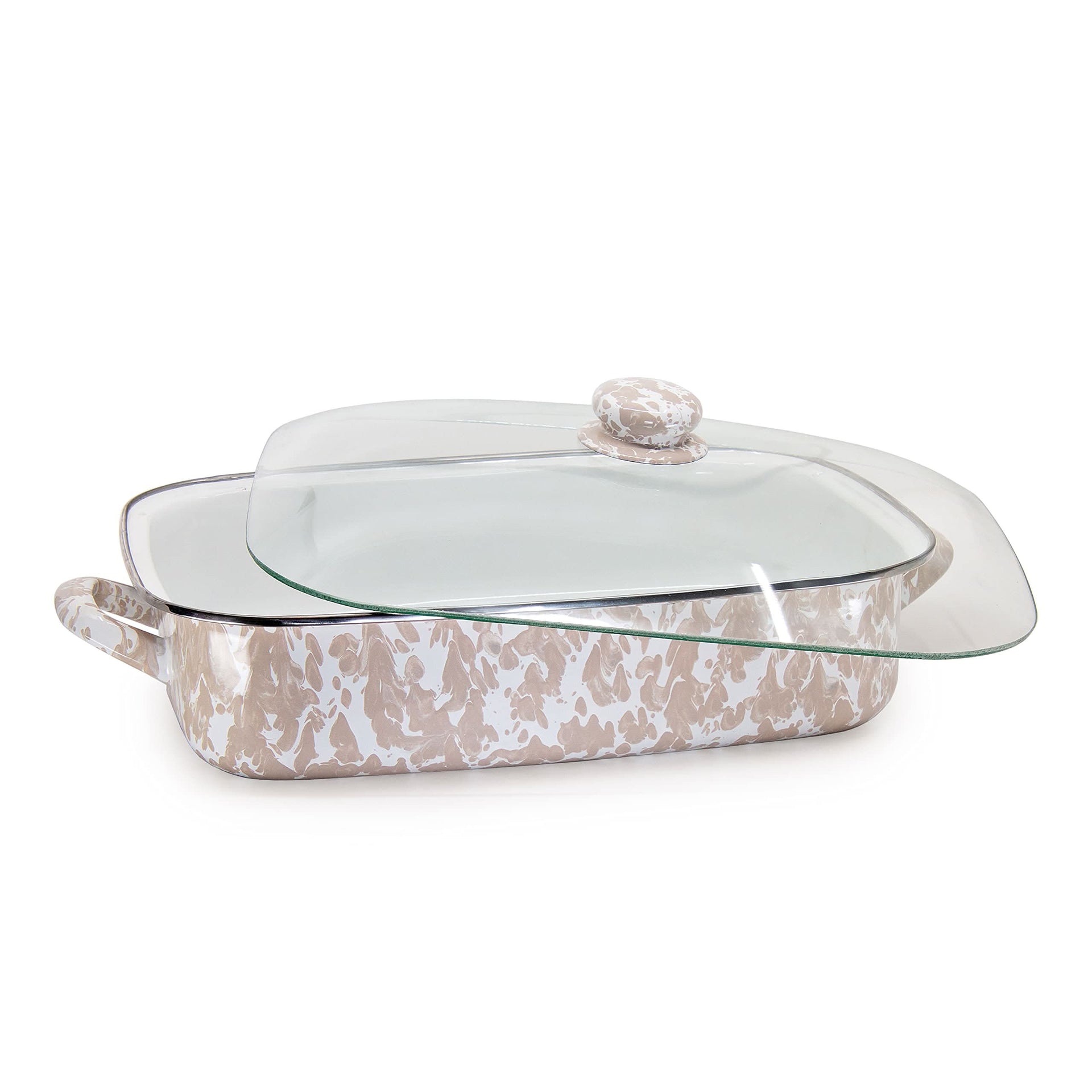 10.5qt Enamelware Roasting Pan with Tempered Glass Lid, Black Swirl