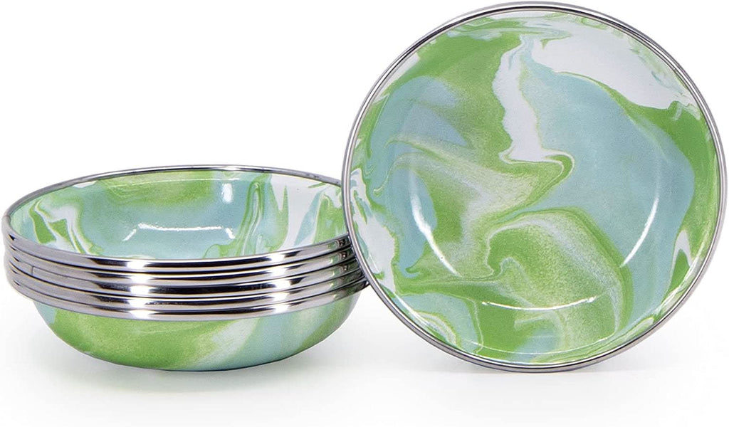 Set of six Modern Monet enamelware tasting dishes featuring a watercolor design, 4.25-inch diameter.
