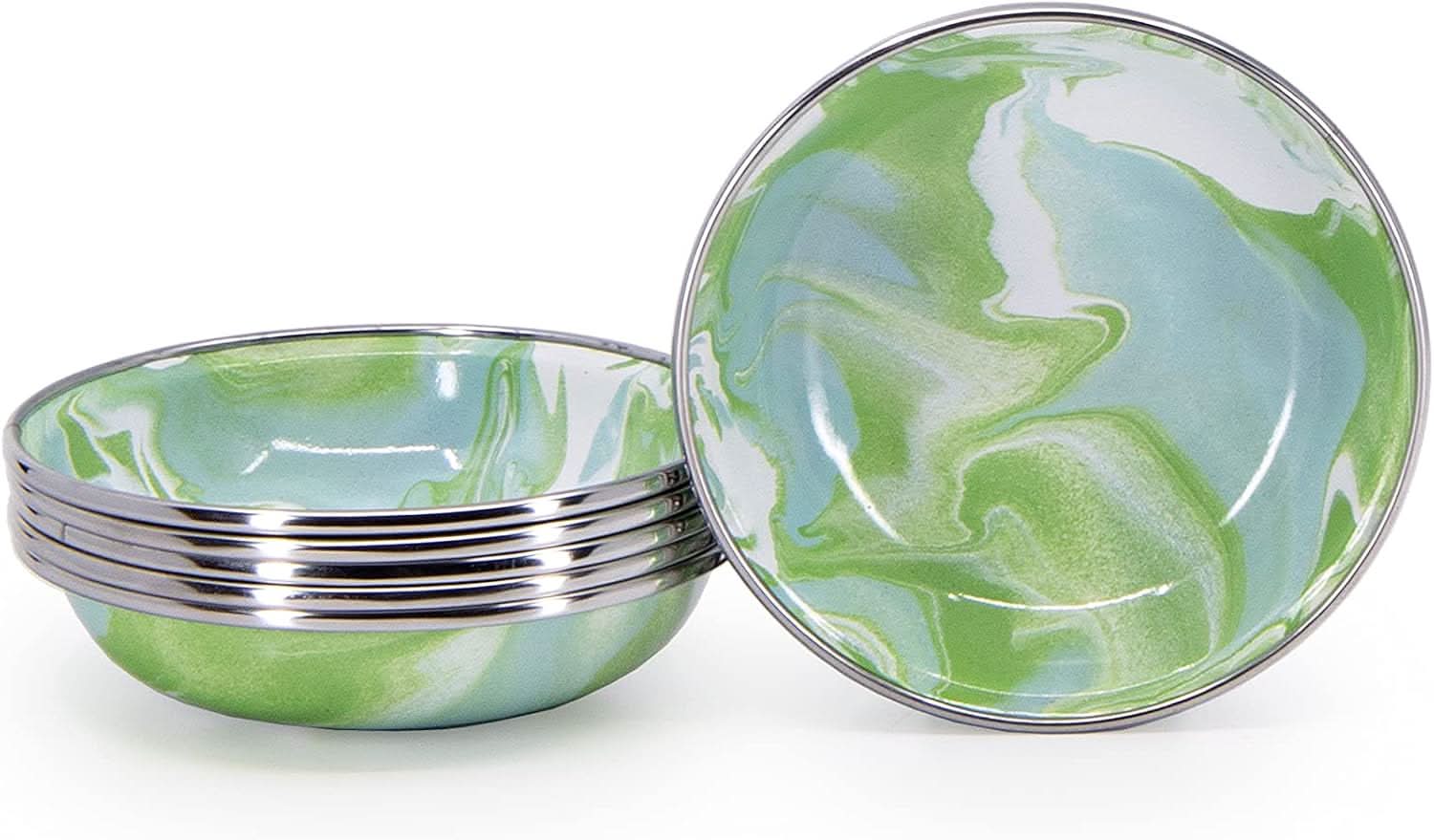 Set of six Modern Monet enamelware tasting dishes featuring a watercolor design, 4.25-inch diameter.