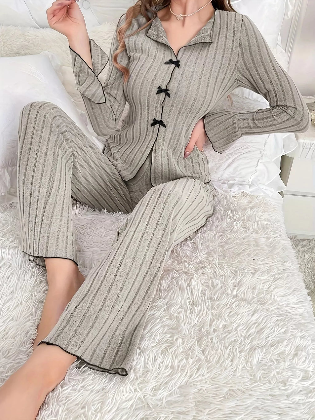 Ribbed Bow Front Top and Pants Lounge Set