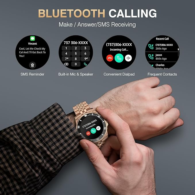 2025 DA GPT Smart Watch, Deep Search, Heart Rate, Blood Pressure, Blood Oxygen, Sleep Monitor, 107 Sports Modes, Waterproof Round Watch, 1.19-inch AMOLED Display, Compatible Android and iOS Gold Metal