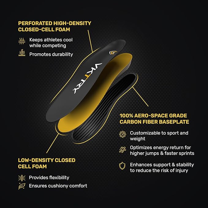 VKTRY Gold for Non-Cleated Shoes - Carbon Fiber Performance Insoles - Customized Athletic Inserts for Sports Basketball Volleyball Running & More | Shock Absorption US M6.5-7, W8.5-9, <120lbs