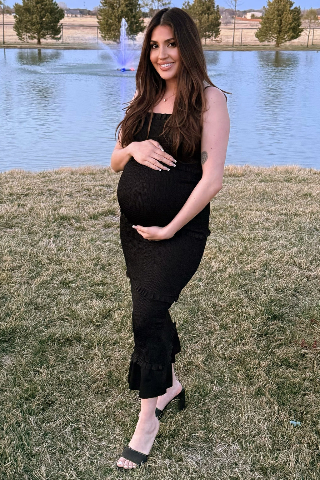 Black Satin Smocked Fitted Maternity Midi Dress