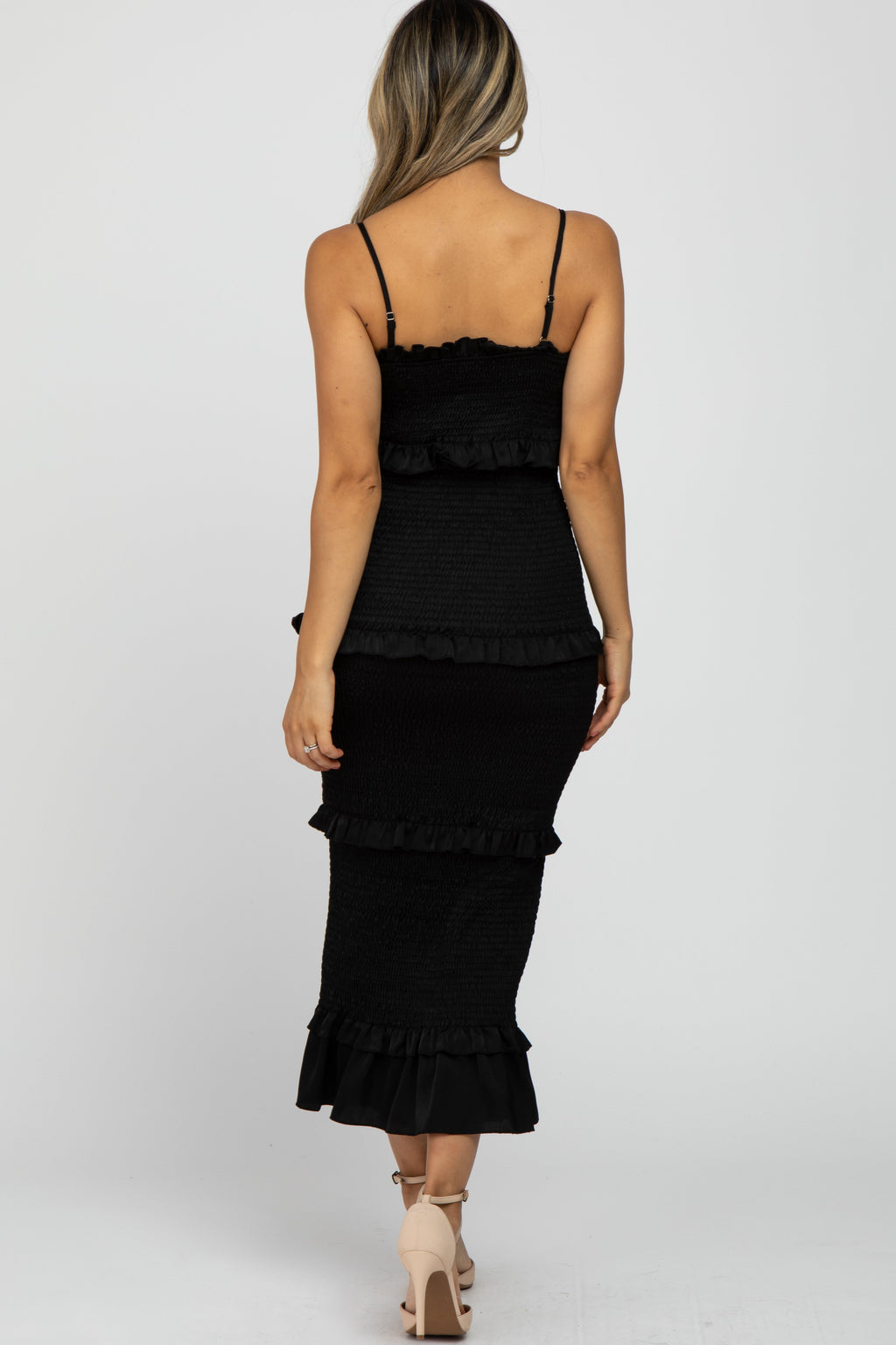 Black Satin Smocked Fitted Midi Dress