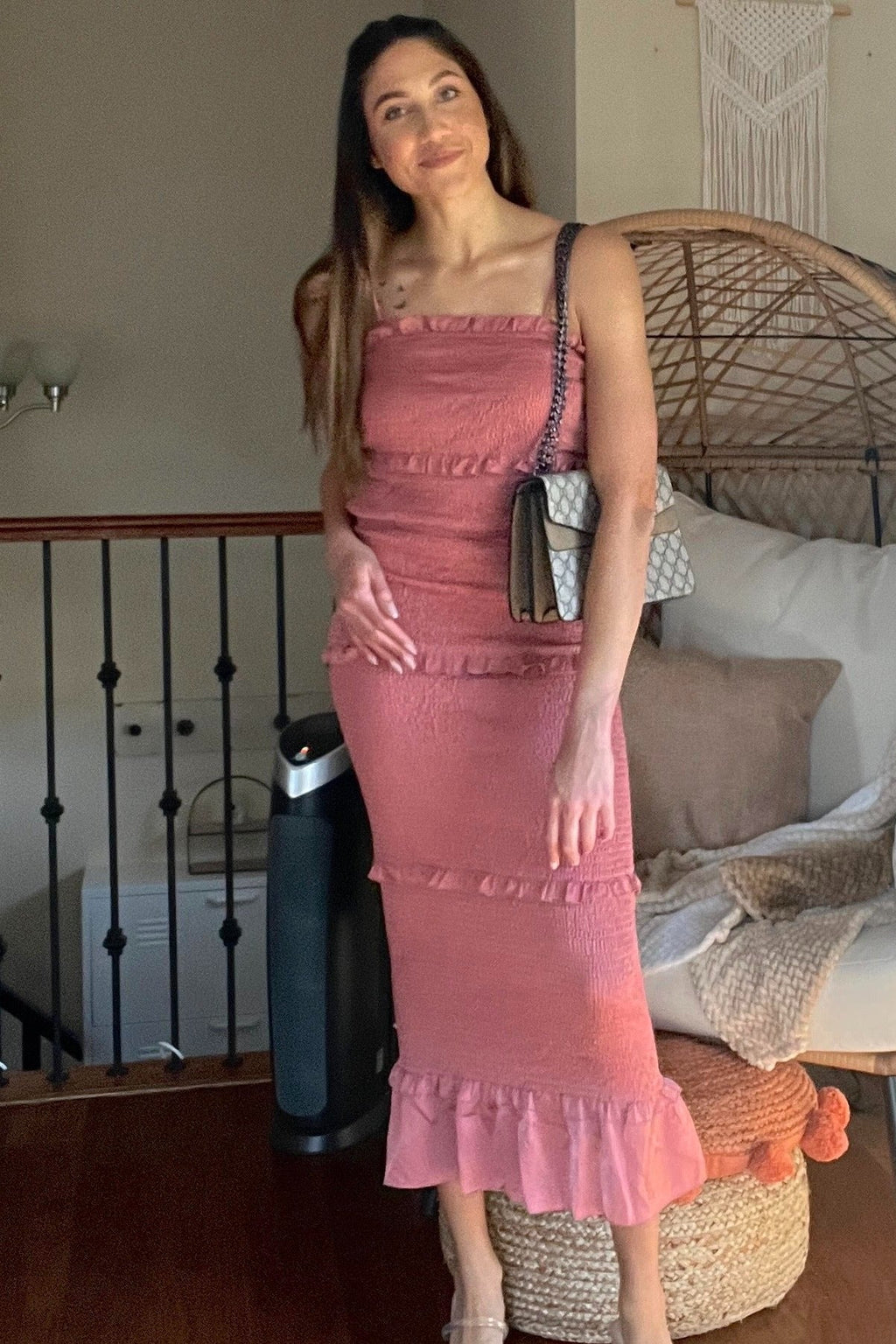 Mauve Satin Smocked Fitted Midi Dress