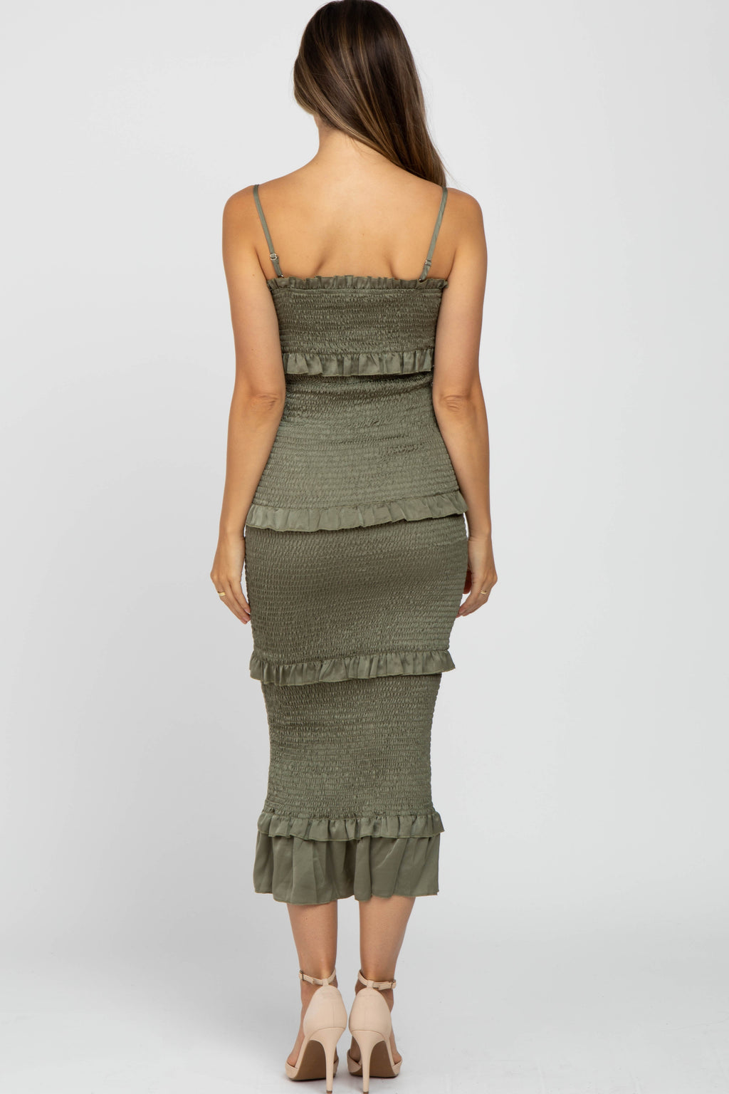 Olive Satin Smocked Fitted Maternity Midi Dress