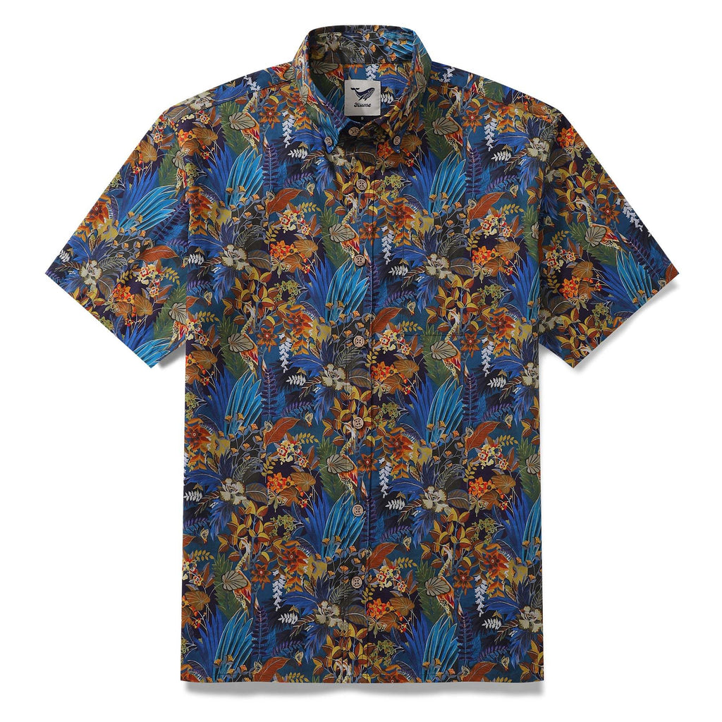 Men's 100% cotton button-down Hawaiian shirt featuring a nature-inspired butterfly and floral pattern.
