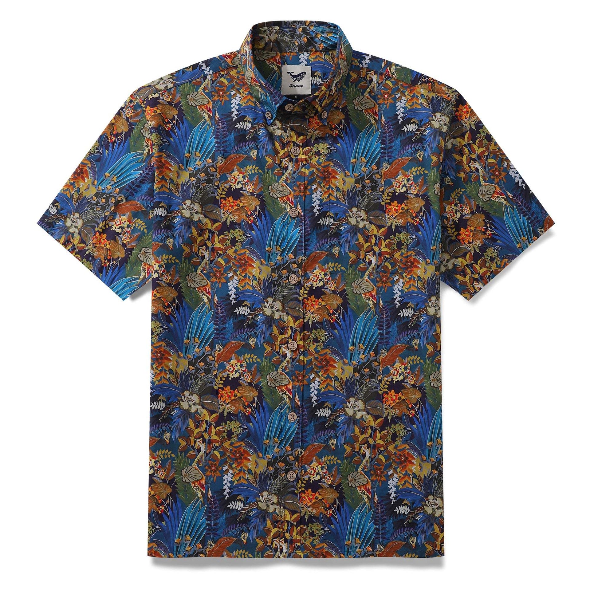Men's 100% cotton button-down Hawaiian shirt featuring a nature-inspired butterfly and floral pattern.