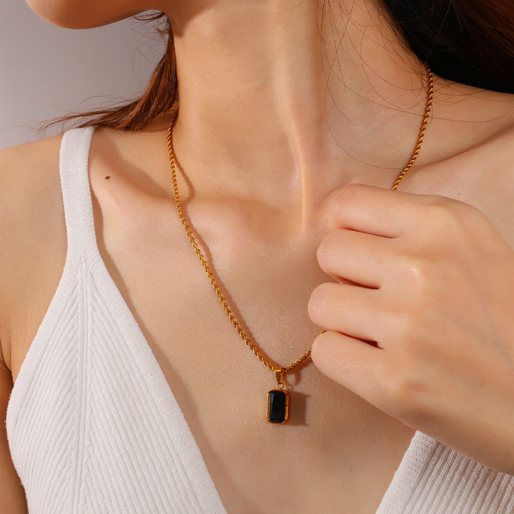 Vintage Stackable Double Layer Oval Black Onyx Pendant Necklace, 18K Gold Plated Square Black Zircon Clavicle Chain