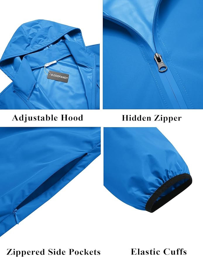 COOFANDY Men's Packable Rain Jacket Lightweight Waterproof Raincoat with Hood Travel Hiking Golf Windbreaker