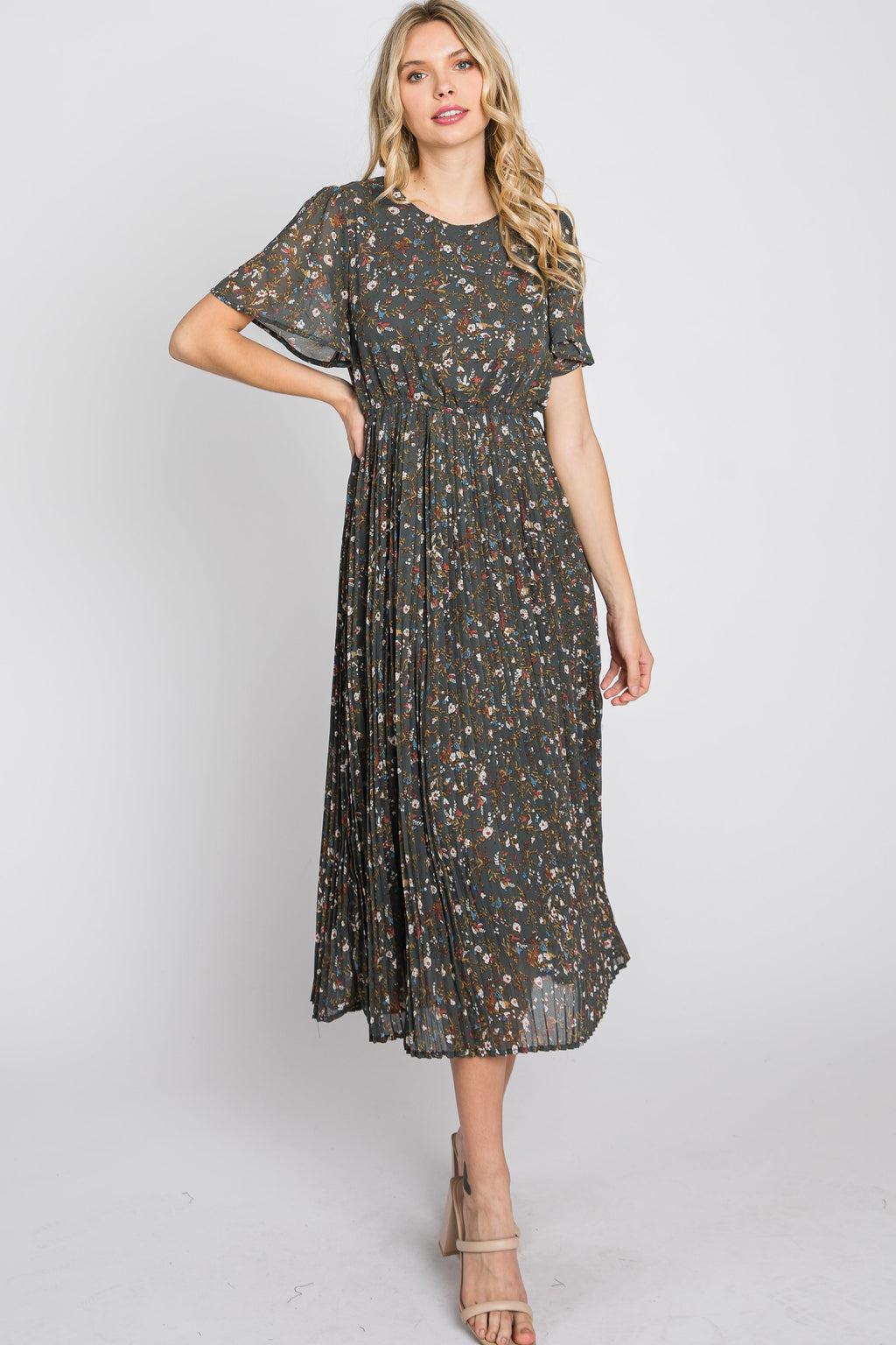 Teal Floral Pleated Chiffon Midi Dress