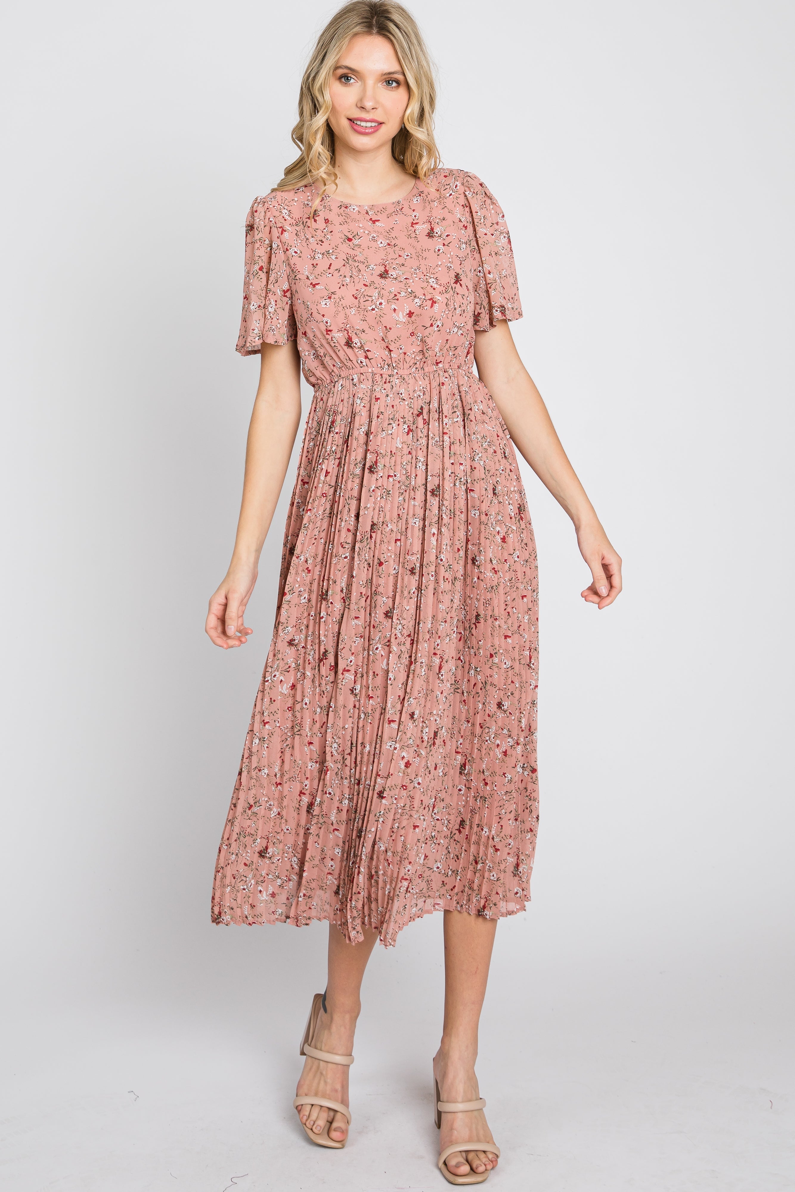 Light Pink Floral Pleated Short Sleeve Chiffon Midi Dress
