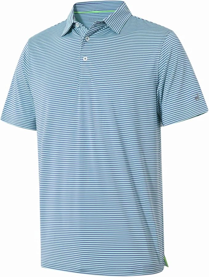 Men's striped moisture-wicking golf polo shirt with a button closure and no-curl collar