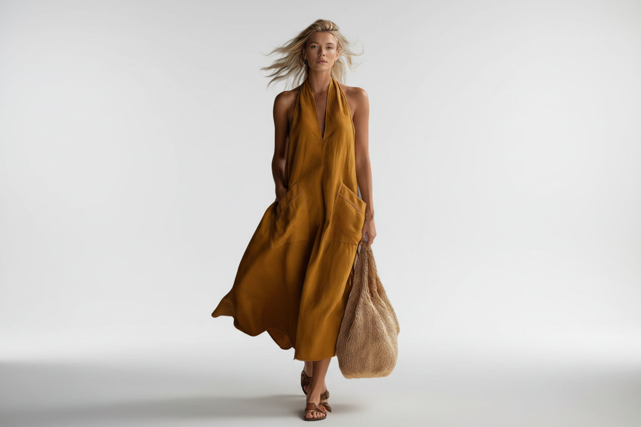 Women's V-Neck Sleeveless Midi Dress with Pockets - Image 2