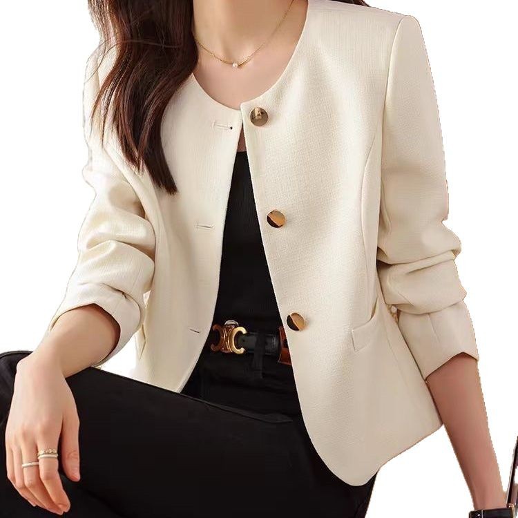 Women's Cream Cropped Crew Neck Jacket Lightweight Casual Blazer - Image 4