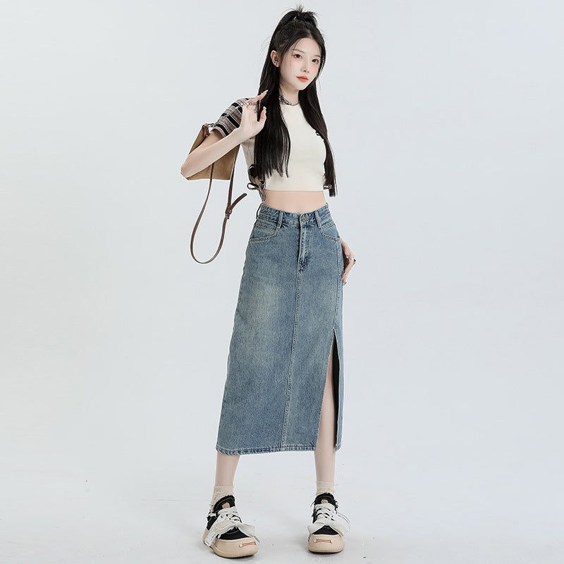 Women's High Waist A-Line Denim Midi Skirt with Side Slit - Image 4