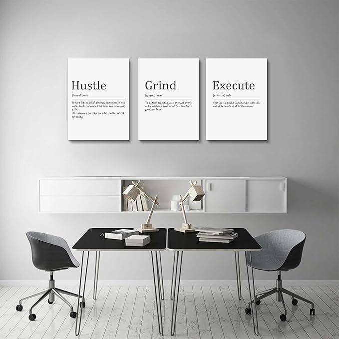 Hustle Grind Execute, Inspirational Wall Decor Art - Framed Canvas Office Decor, Quote Poster, Office Wall Art, White Large Poster, Positive Motivational Wall Art, 12x16inchx3pcs