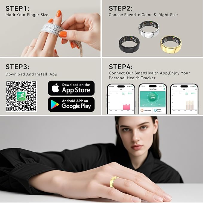 Smart Rings for Women Men,Fitness Tracker Ring,Heart Rate,Blood Oxygen,Blood Pressure,Step Tracker,Sleep Monitoring,No Subscription Fee,IP68 Waterproof Smart Ring for iphone&Android(Gold 11)
