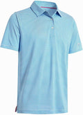 Close up of striped jersey fabric on a men's performance golf polo