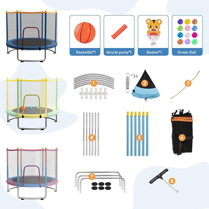 Kids Indoor Outdoor Trampoline with Safety Net and Gymnastics Bar