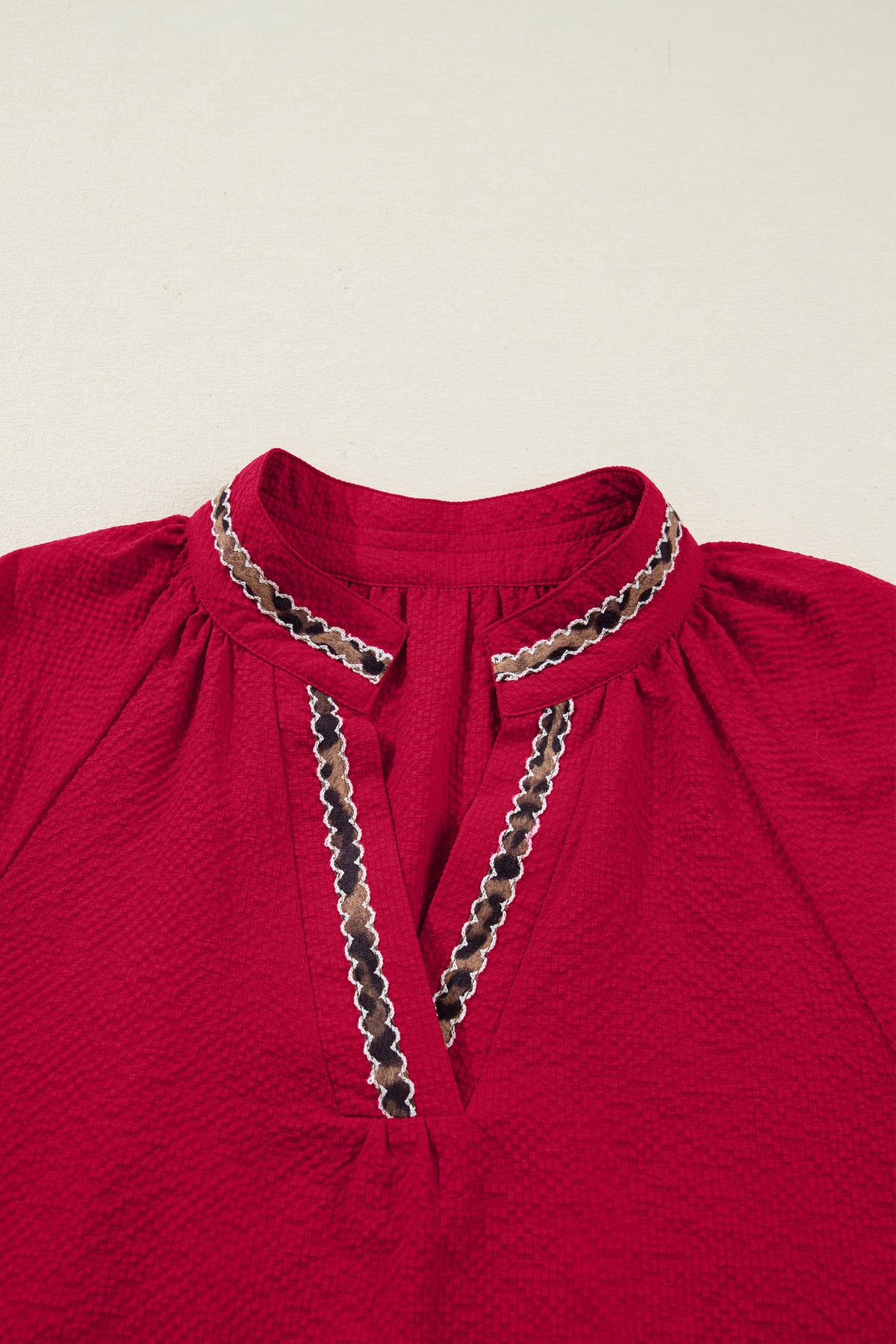 Leopard Contrast Trim V-Neck Long Sleeve Blouse