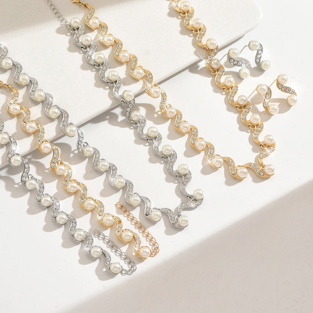 Women 3 Pcs Rhinestone Pearl Jewelry Set,Necklace Earrings Bracelet,Elegant Bridal Costume Accessories For Wedding Banquet Party Occasion