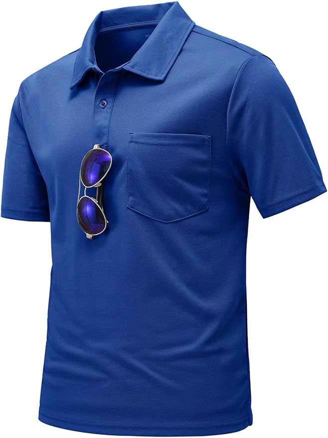 Men's short sleeve quick dry polo shirt with chest pocket and 2-button placket in a classic athletic style.