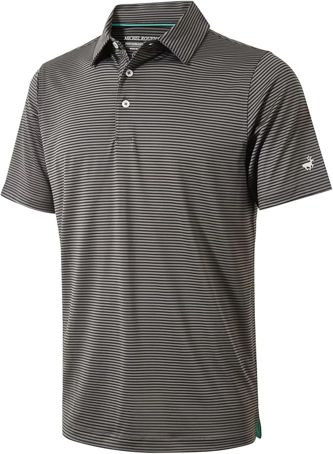Close-up of men's striped performance golf polo shirt with moisture-wicking fabric