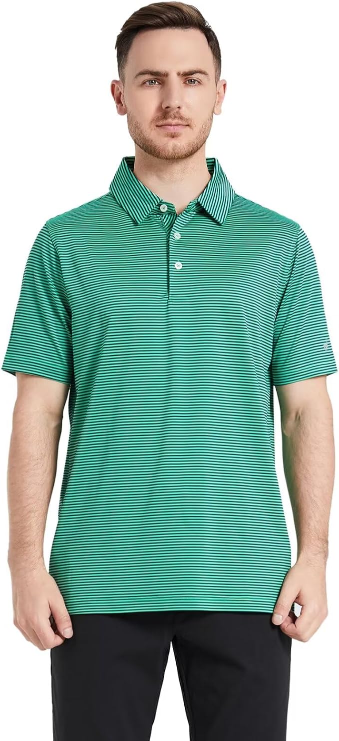 Mens Striped Performance Golf Polo Shirt - Moisture Wicking Dry Fit