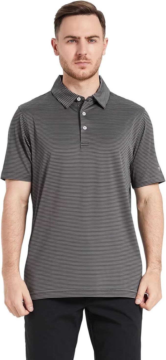 Men's Striped Performance Golf Polo Shirt Moisture Wicking Dry Fit