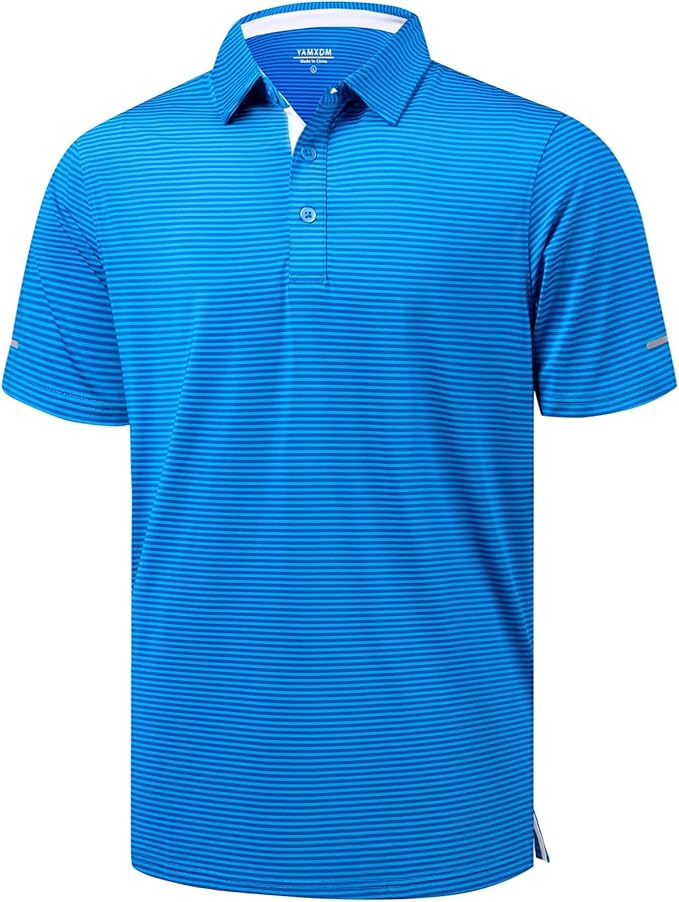 Men's striped moisture-wicking performance golf polo with reflective sleeve cuffs