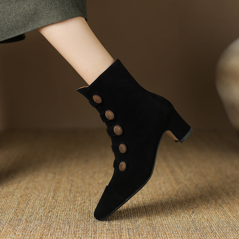 Women's Retro Brown Suede Button Detail Chunky Heel Ankle Boots - Image 3
