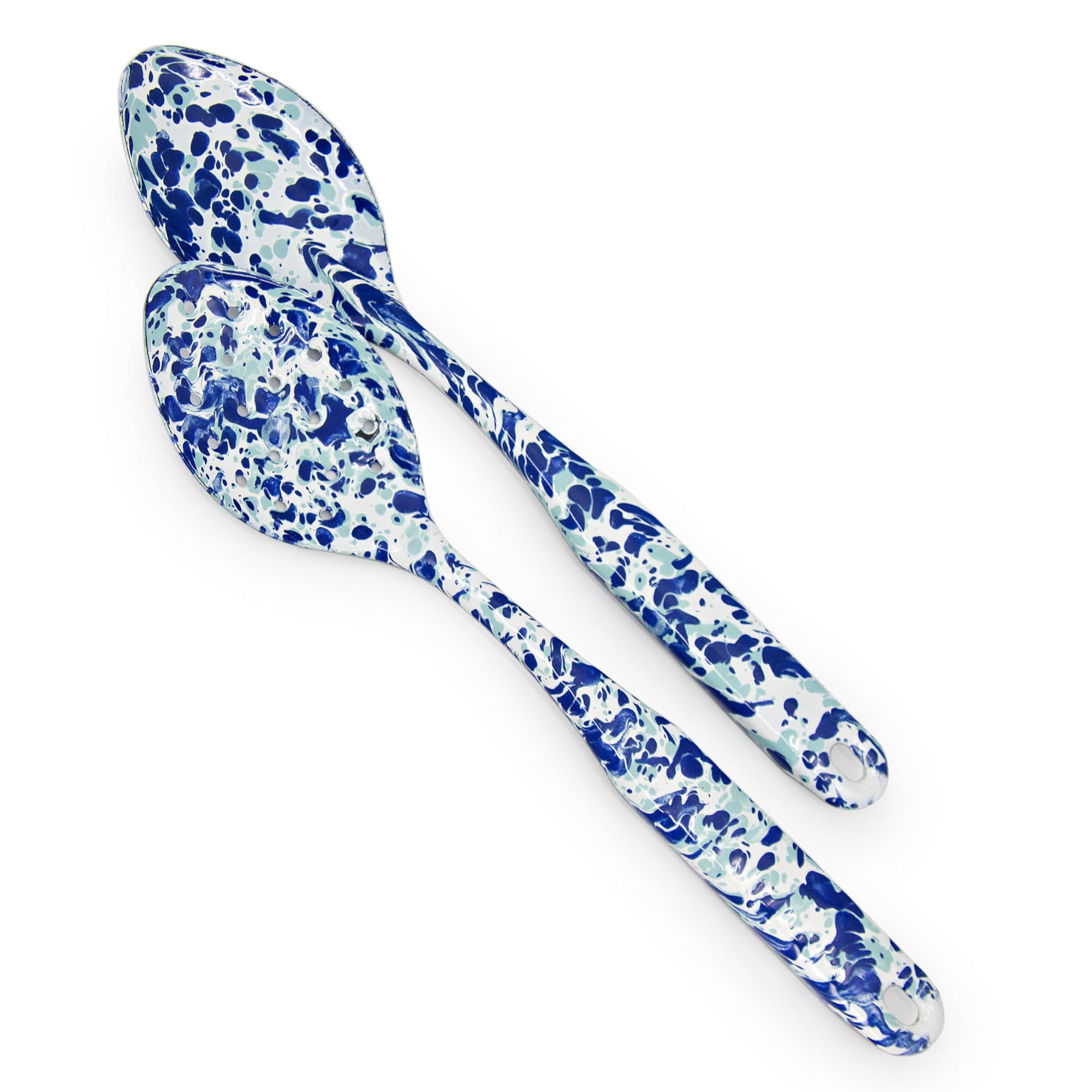 Ocean Swirl enamelware serving spoon and slotted spoon set