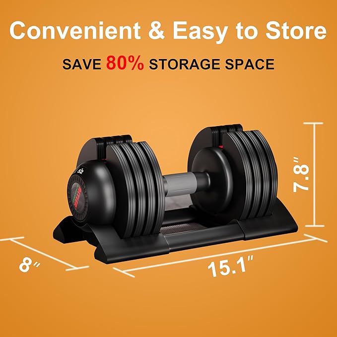 Adjustable Dumbbell,22LBS 44LBS 52LBS Dumbbell Set with Tray for Fitness, Fast Adjust Weight by Turning Anti-Slip Handle, Safety with 8 Lock Slots, Suitable for Men and Women