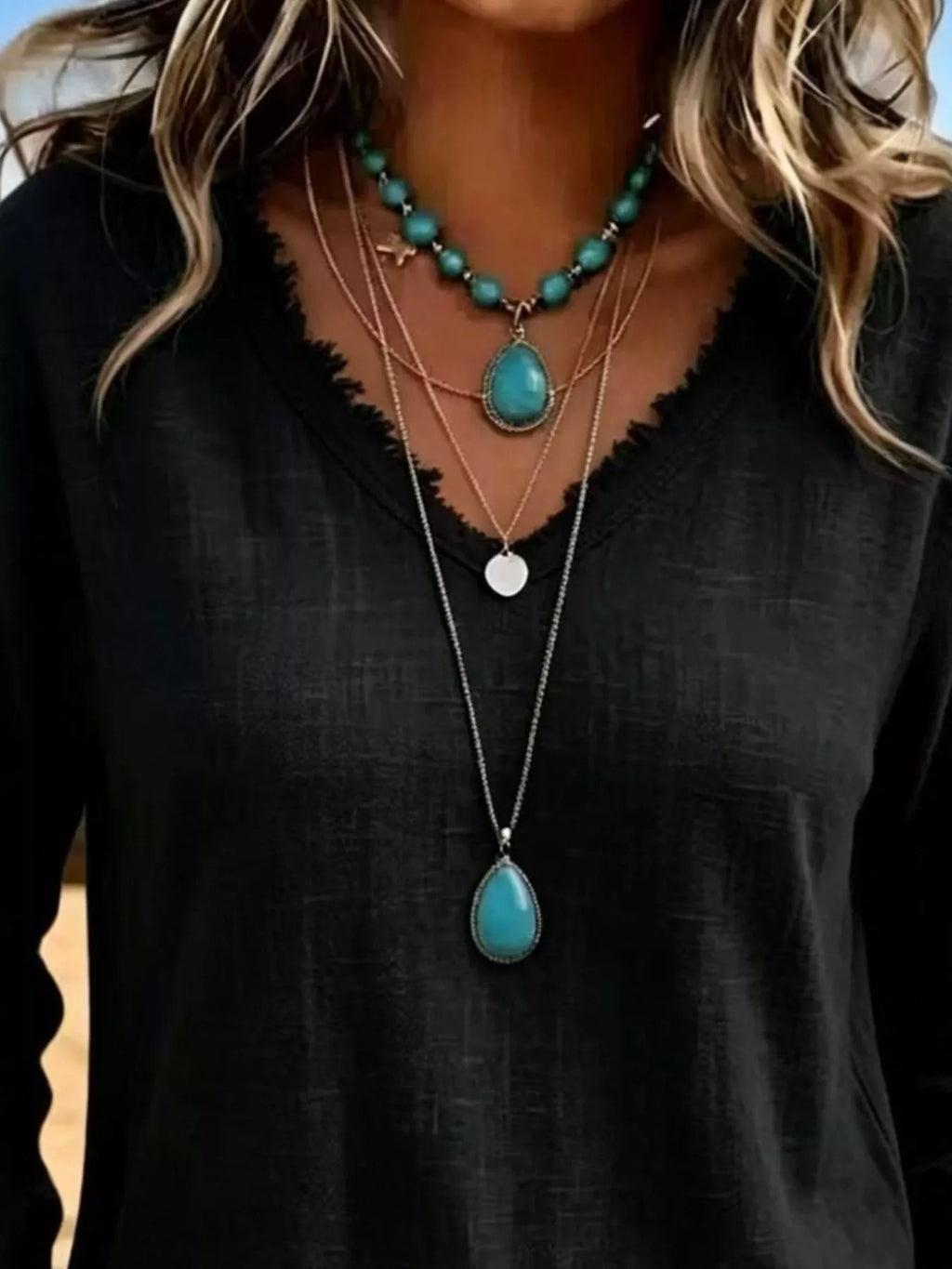 V-Neck Frayed Hem Long Sleeve T-Shirt