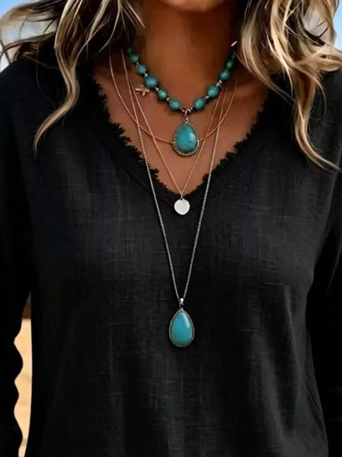 V-Neck Frayed Hem Long Sleeve T-Shirt