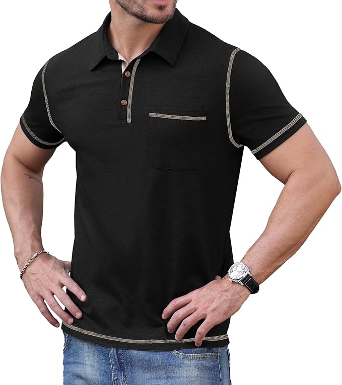 Men's Short Sleeve Polo Shirt with Pocket Casual Golf Collar
