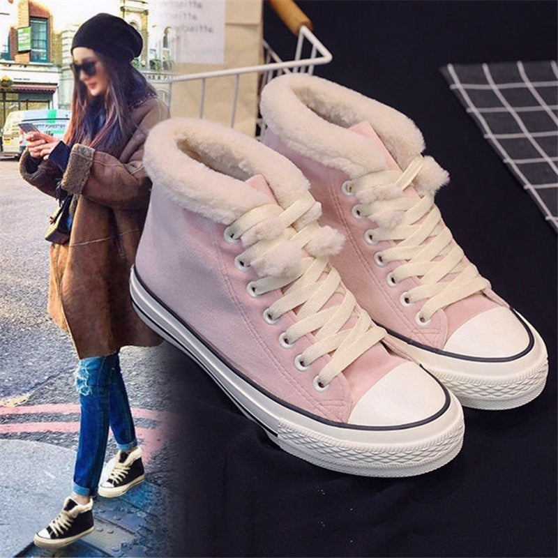 Women Plush Cotton Lined High Top Canvas Sneakers Winter Shoes