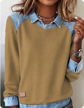 Denim Collar Patchwork Knit Pullover – Women’s Street Style Top