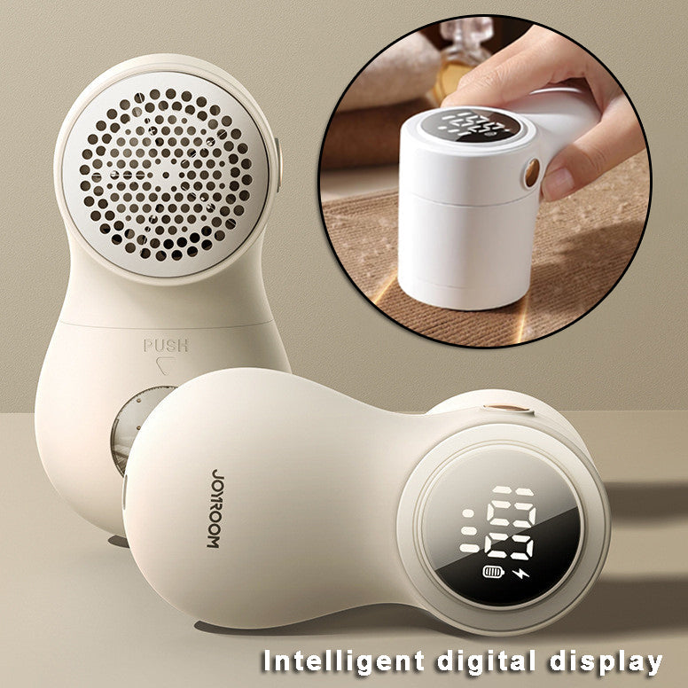 Professional electric fabric shaver with LED display and stainless steel blades for removing lint and hairballs.