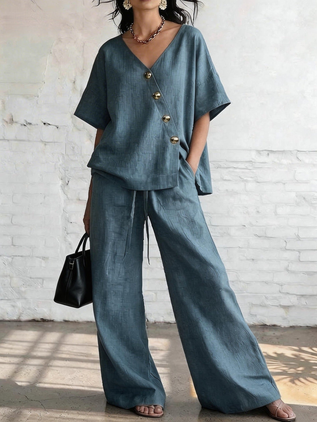 Women's V-Neck Cotton-Linen Top and Wide-Leg Pants Set - Image 10