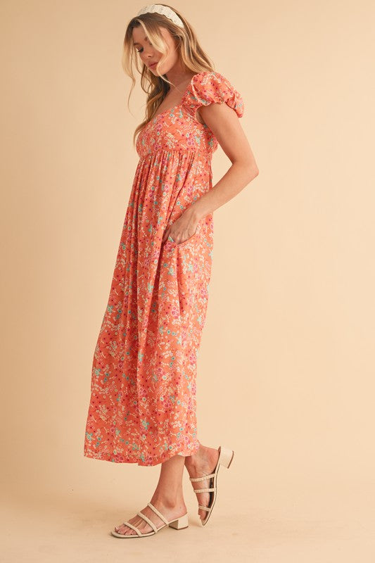 Floral Square Neck Puff Sleeve Midi Dress with Cutout Back
