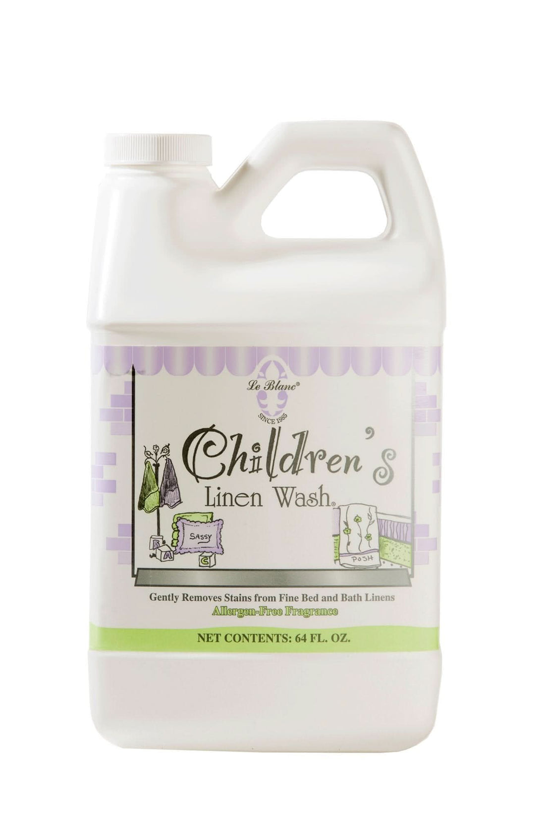 A 64 oz bottle of Le Blanc Linen Wash, a premium laundry cleaner for baby and household linens.