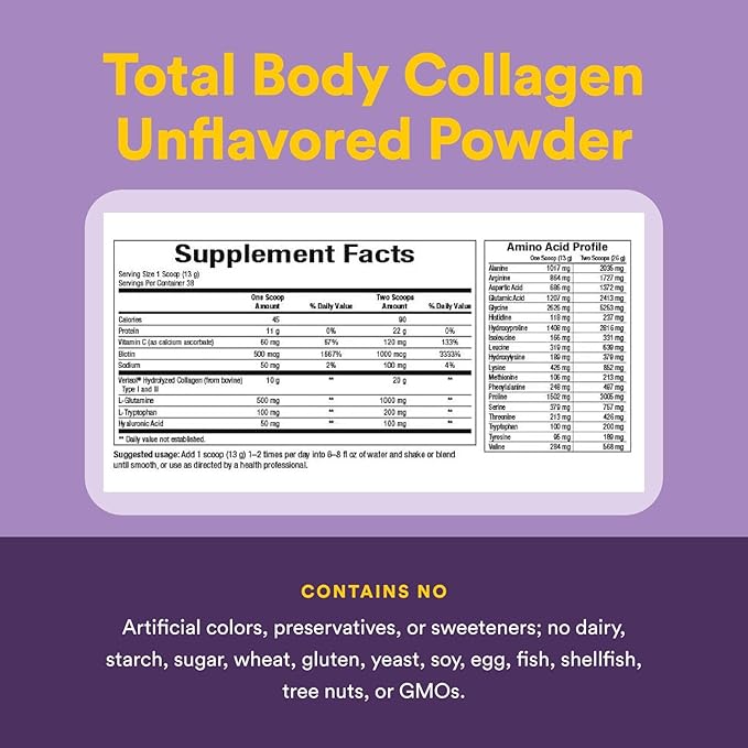 Natural Factors Total Body Collagen Bioactive Peptides Powder for Healthy Skin, Hair & Joints, Unflavored, 500 g