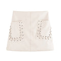Off-White Mini Skirt with Decorative Lace-Up Pockets for Women - Image 6