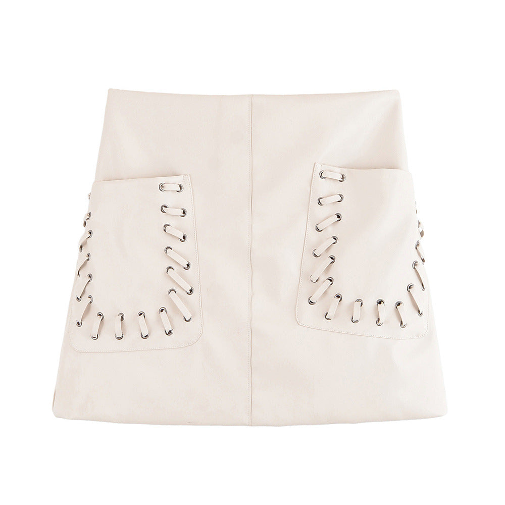 Off-White Mini Skirt with Decorative Lace-Up Pockets for Women - Image 6