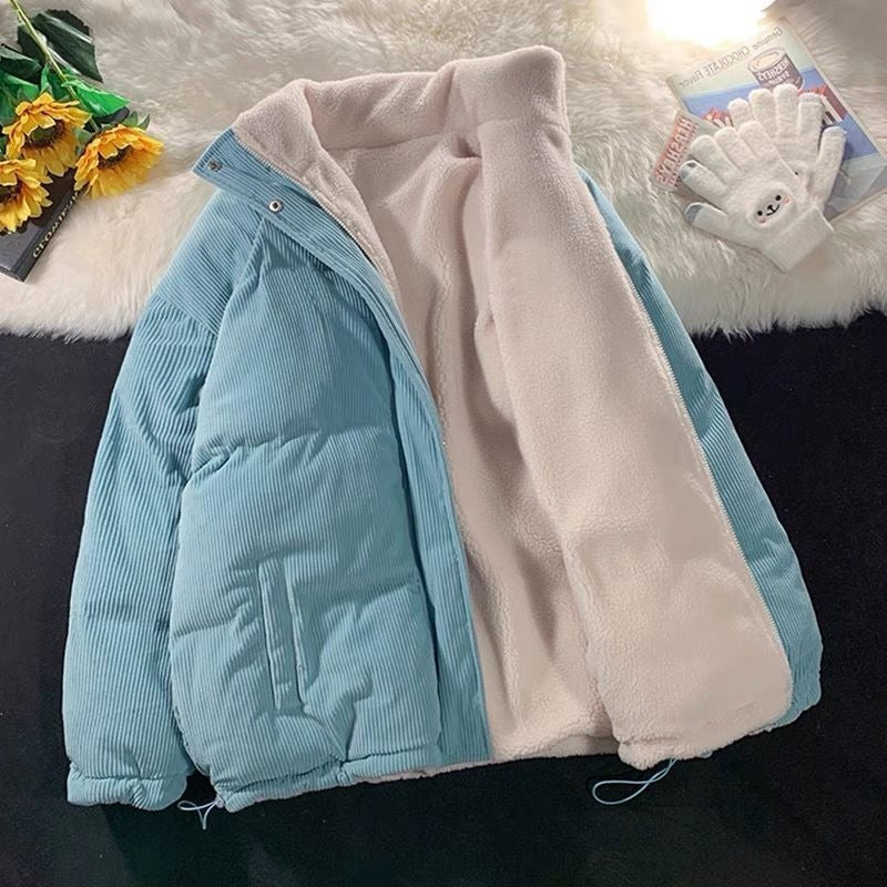 Women's Harajuku Corduroy Lamb Wool Puffer Coat for Winter
