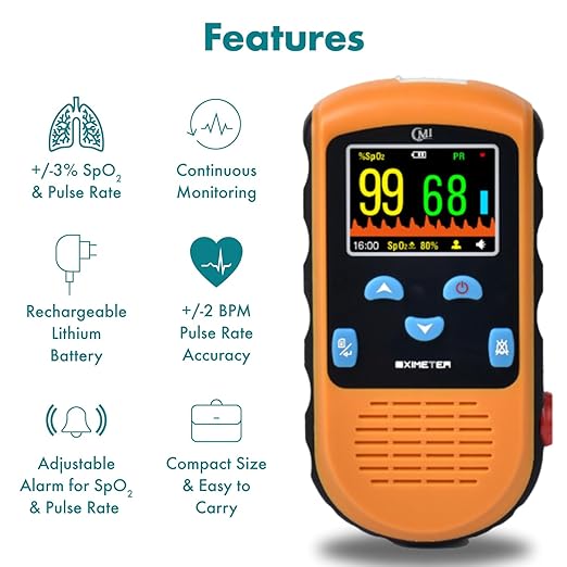 CMI Health Rechargeable Pulse Oximeter - Continuous Infant Monitoring (Up to 25 lbs) & Adult Finger Spot-Checking - Adjustable Alarm for Pulse Rate and SpO2 Levels - Carry Case